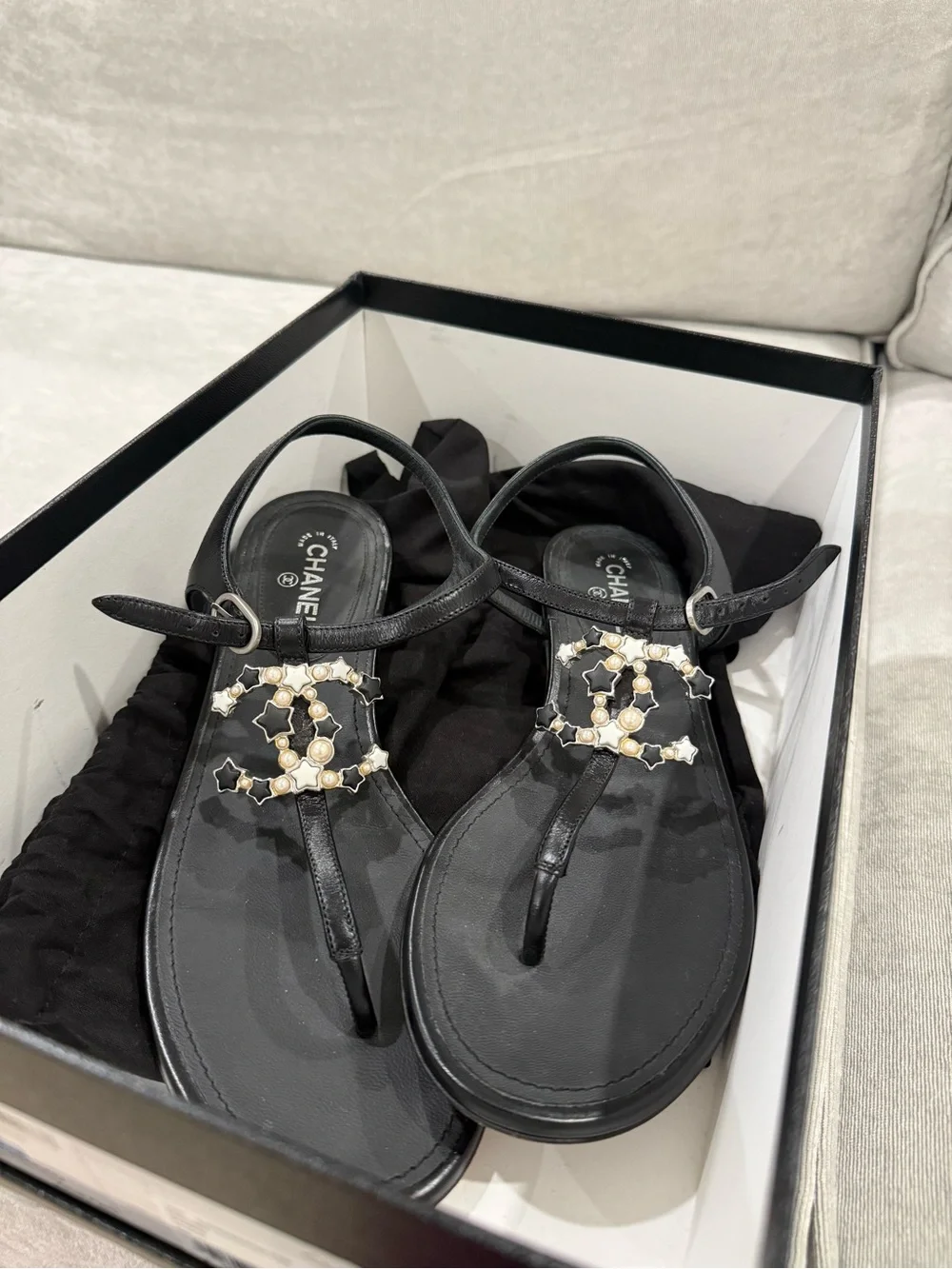 CHANEL Black Leather T-Strap Sandals with Pearl-Embellished CC